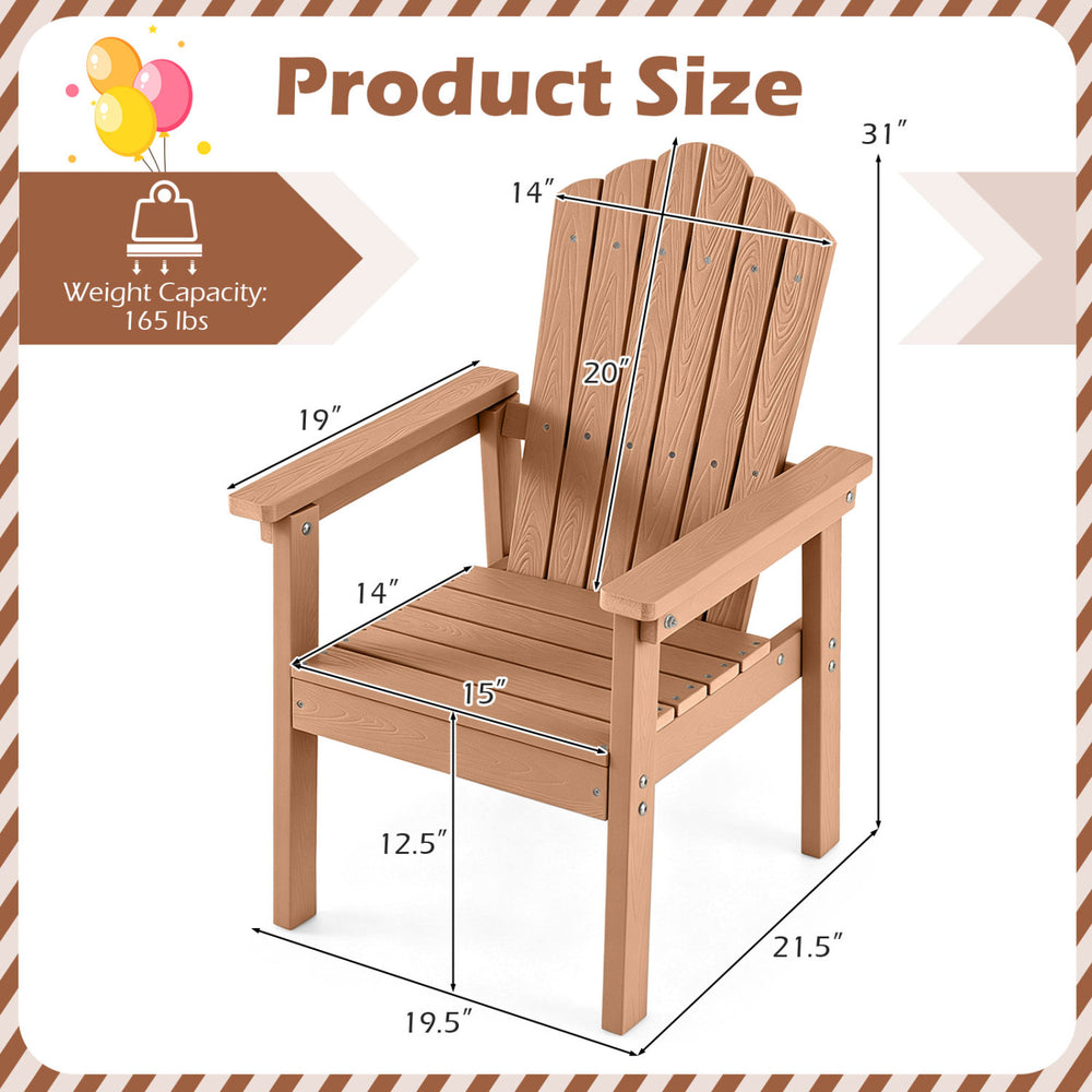 Detailed dimensions of the brown outdoor Adirondack chair showcasing its high backrest, wide armrests, and angled seat.