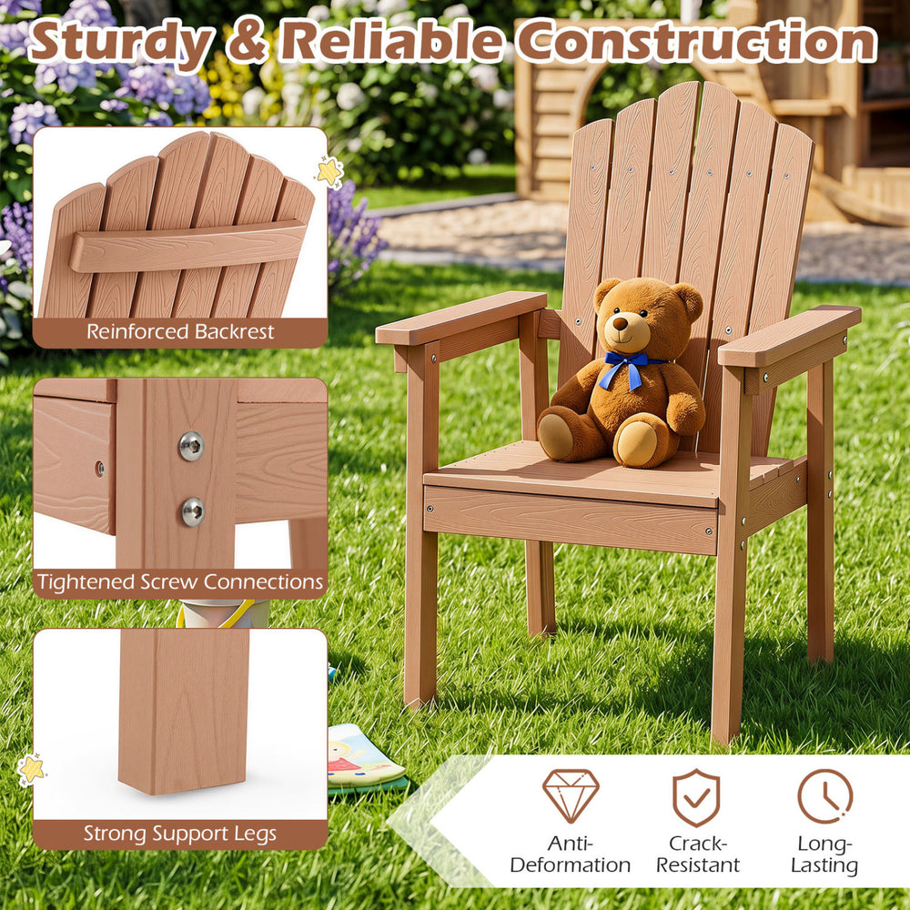Adirondack chair in brown features a high backrest, wide armrests, and durable HIPS material for outdoor use.