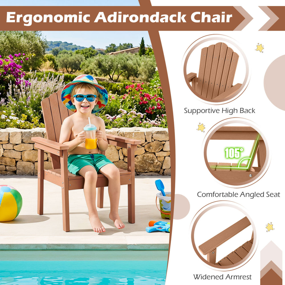 Ergonomic Adirondack chair in brown features a supportive high back, wide armrests, and a 105° angled seat for outdoor comfort.