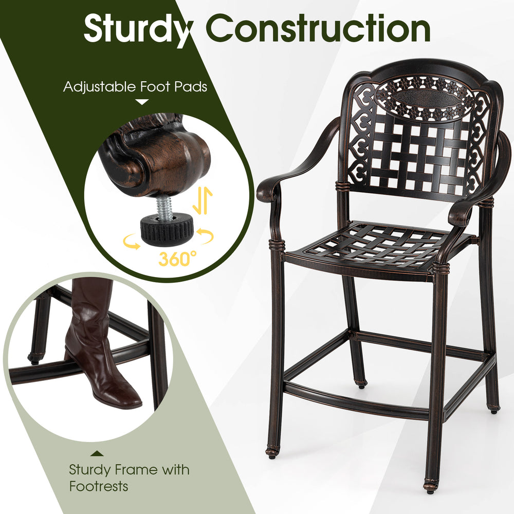 Outdoor bar stool with adjustable foot pads, sturdy cast aluminum construction, and ergonomic design for comfort.