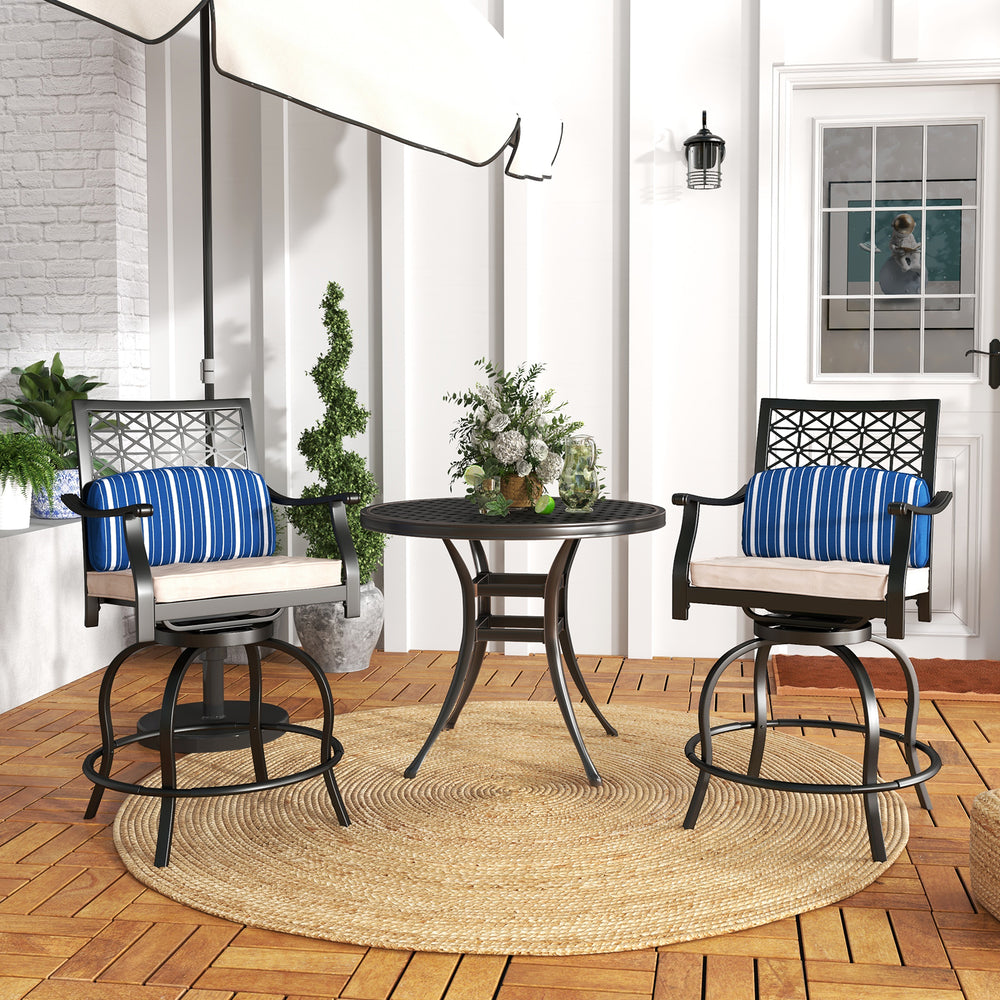 Set of 2 outdoor swivel bar height chairs with soft cushions, sturdy steel frames, perfect for patio relaxation.