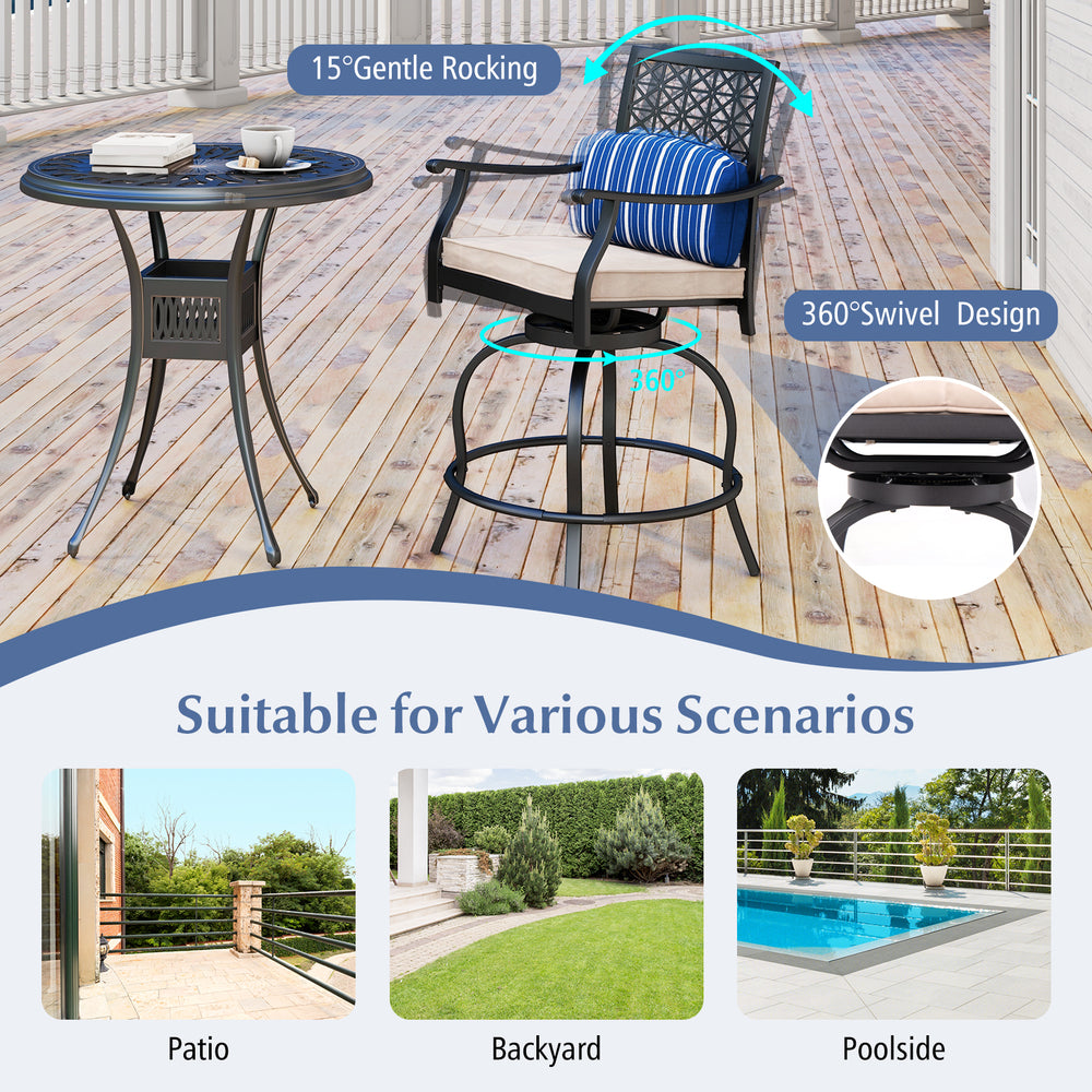 Set of 2 outdoor bar height chairs with soft cushions, featuring 360° swivel and gentle rocking design for comfort.