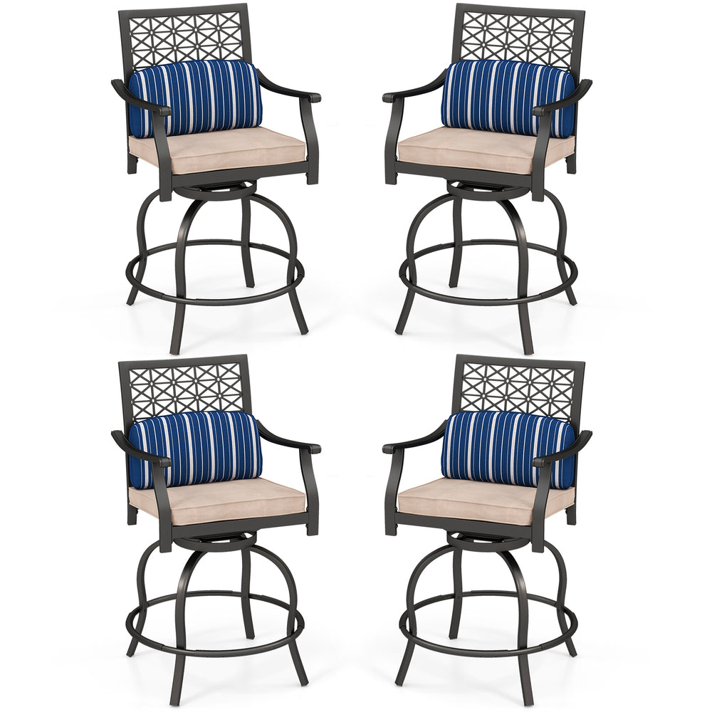 Set of 2 outdoor bar height swivel chairs with soft cushions, sturdy steel frame, perfect for indoor and outdoor use.