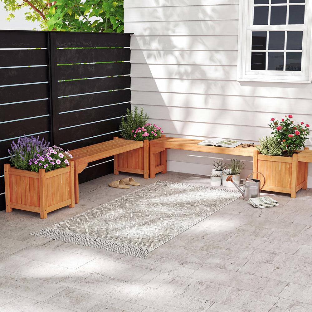 Outdoor bench set with raised garden beds, made of fir wood, perfect for gardens and backyards, seating up to 2 people.