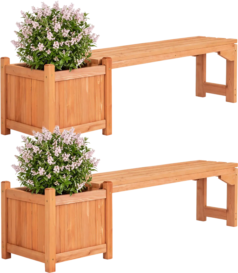 Outdoor bench set with raised garden bed, made of fir wood, featuring spacious seating and detachable bottom plates for drainage.