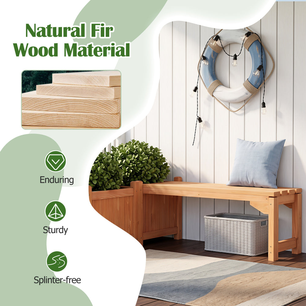 Outdoor bench made of fir wood with a spacious seat, detachable bottom plates, and slatted design for drainage.
