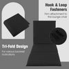 Black tri-fold outdoor chaise lounge cushion with hook and loop fasteners for secure attachment and versatile reclining positions.