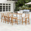 Set of 2 outdoor counter height bar stools with woven paper rope and teak wood frame for stylish patio seating.