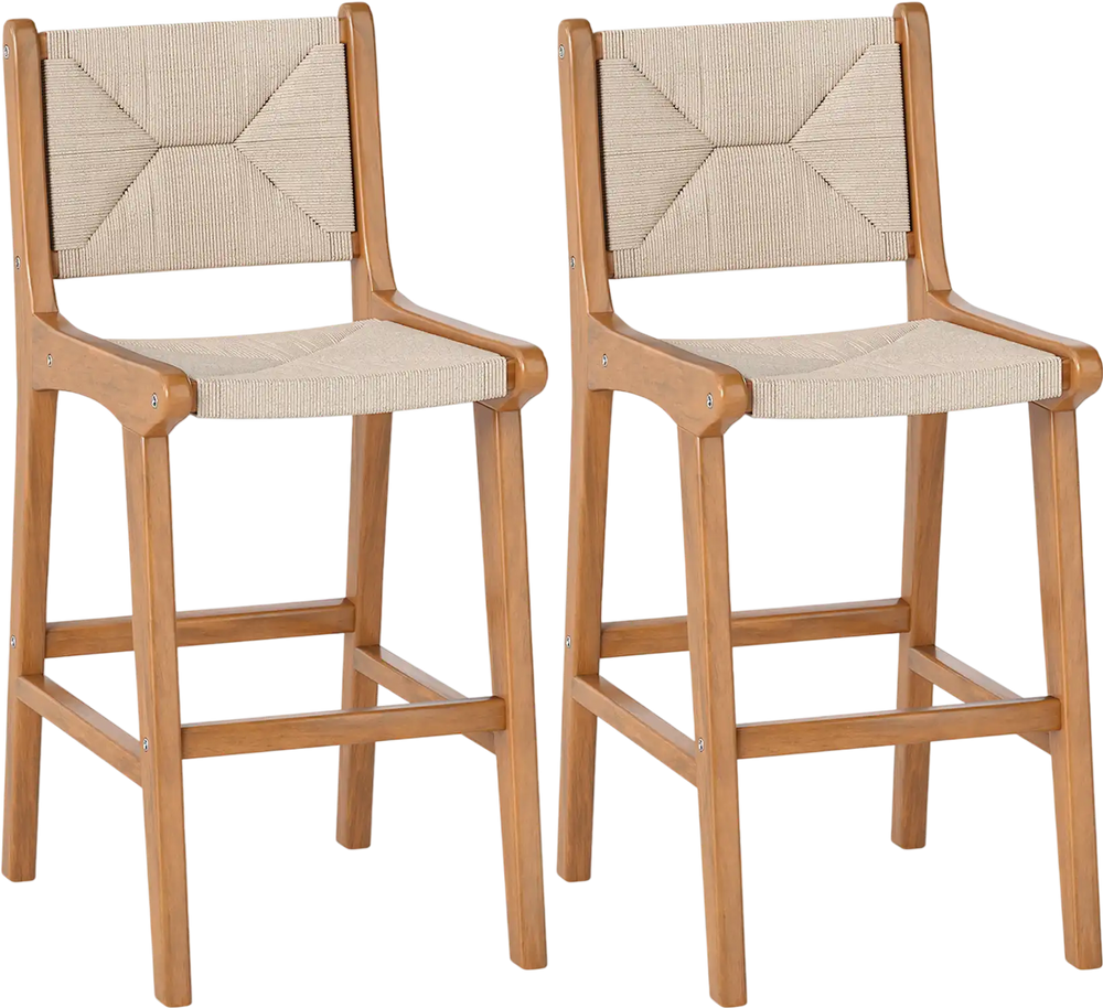 Set of 2 Outdoor Counter Height Bar Stool Woven Paper Rope Patio Barstool with Teak Wood Frame