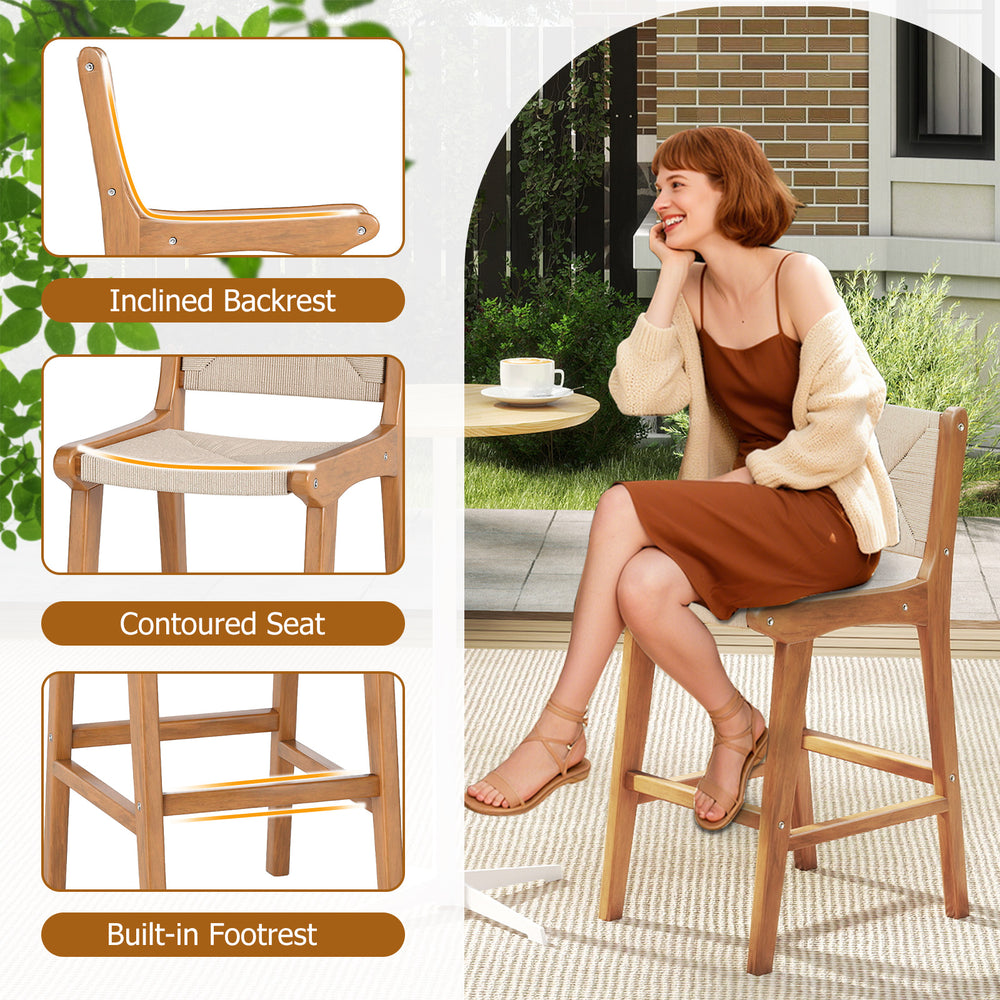 Outdoor counter height bar stool with inclined backrest and teak wood frame, perfect for patio or garden seating.
