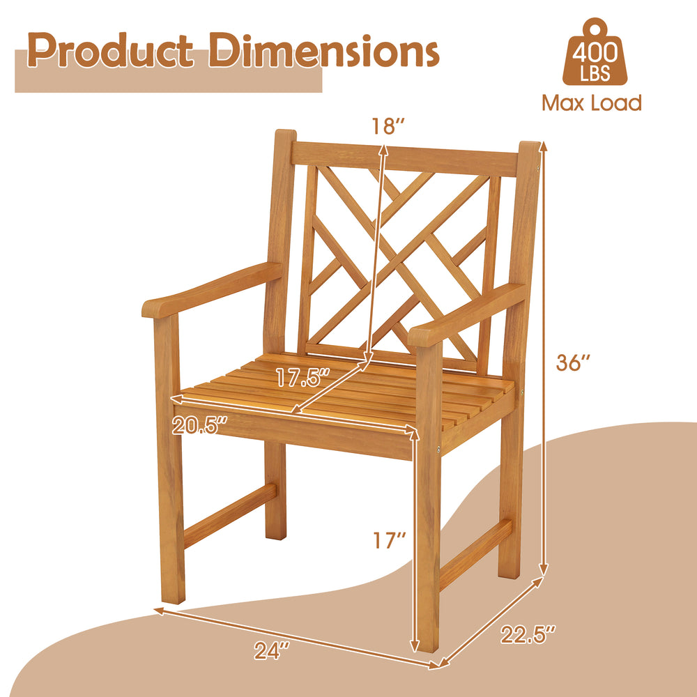 Acacia wood outdoor dining chair with cross-pattern backrest, dimensions 24" x 22.5" x 36", supports up to 400 lbs.
