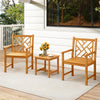 Set of 2 acacia wood outdoor dining chairs with cross-pattern backrest, perfect for patio or garden relaxation.