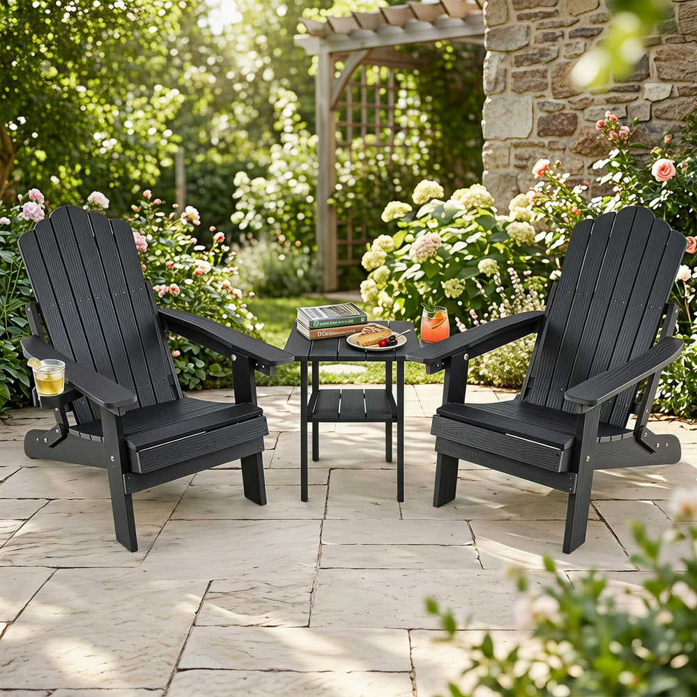 Set of 2 Outdoor Folding Adirondack Chair with Cup Holder and 5-Level Backrest-Black - Gallery View 1 of 7