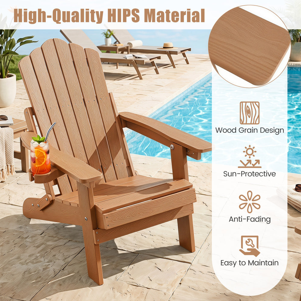 Outdoor folding Adirondack chair in coffee color features a 5-level adjustable backrest and a convenient cup holder.