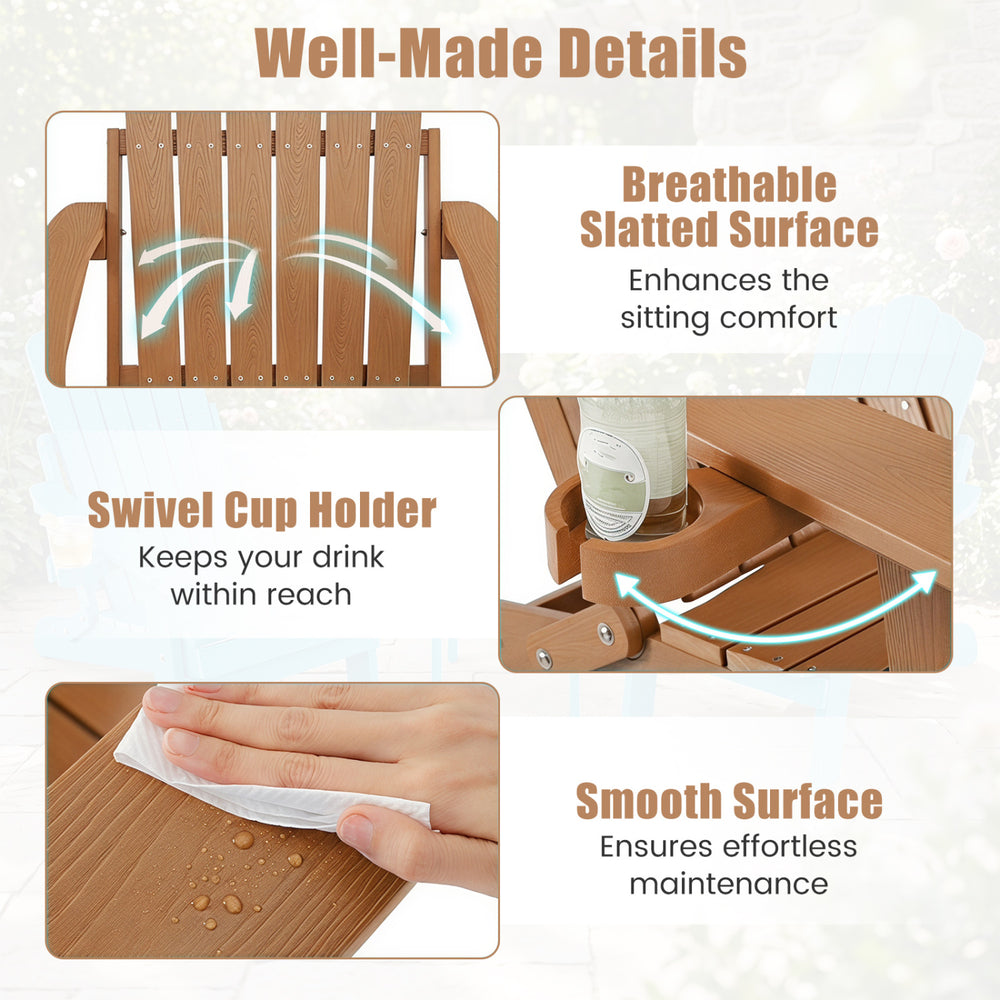 Breathable slatted surface and swivel cup holder enhance comfort in this set of 2 outdoor folding Adirondack chairs.