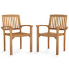 Set of 2 outdoor patio chairs made of Indonesian teak wood with slatted seats, ideal for backyard and garden use.