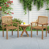 Outdoor patio table made of Indonesian teak wood, paired with slatted chairs, perfect for garden gatherings and.
