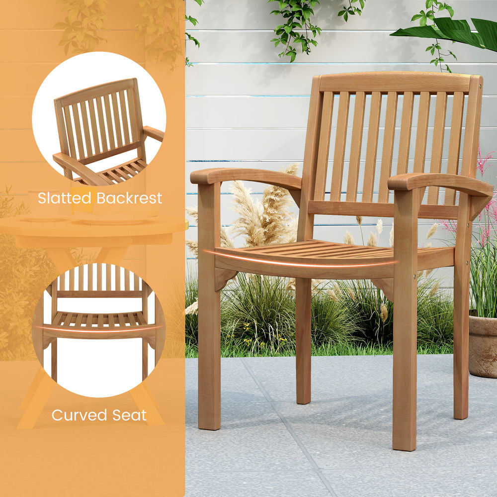 Outdoor patio chair featuring a slatted backrest and curved seat, made of durable Indonesian teak wood for comfort.