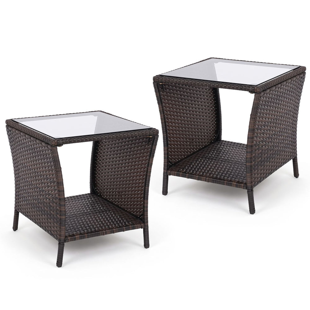 Set of 2 Outdoor Wicker Side Table with Tempered Glass Top and Storage Shelf - Gallery View 1 of 1