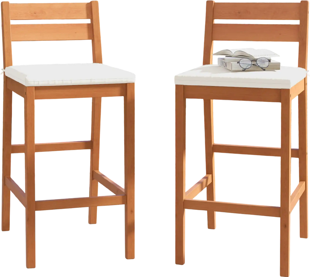 Set of 2 outdoor wood barstools with soft off-white cushions, featuring a sturdy eucalyptus frame for indoor and.