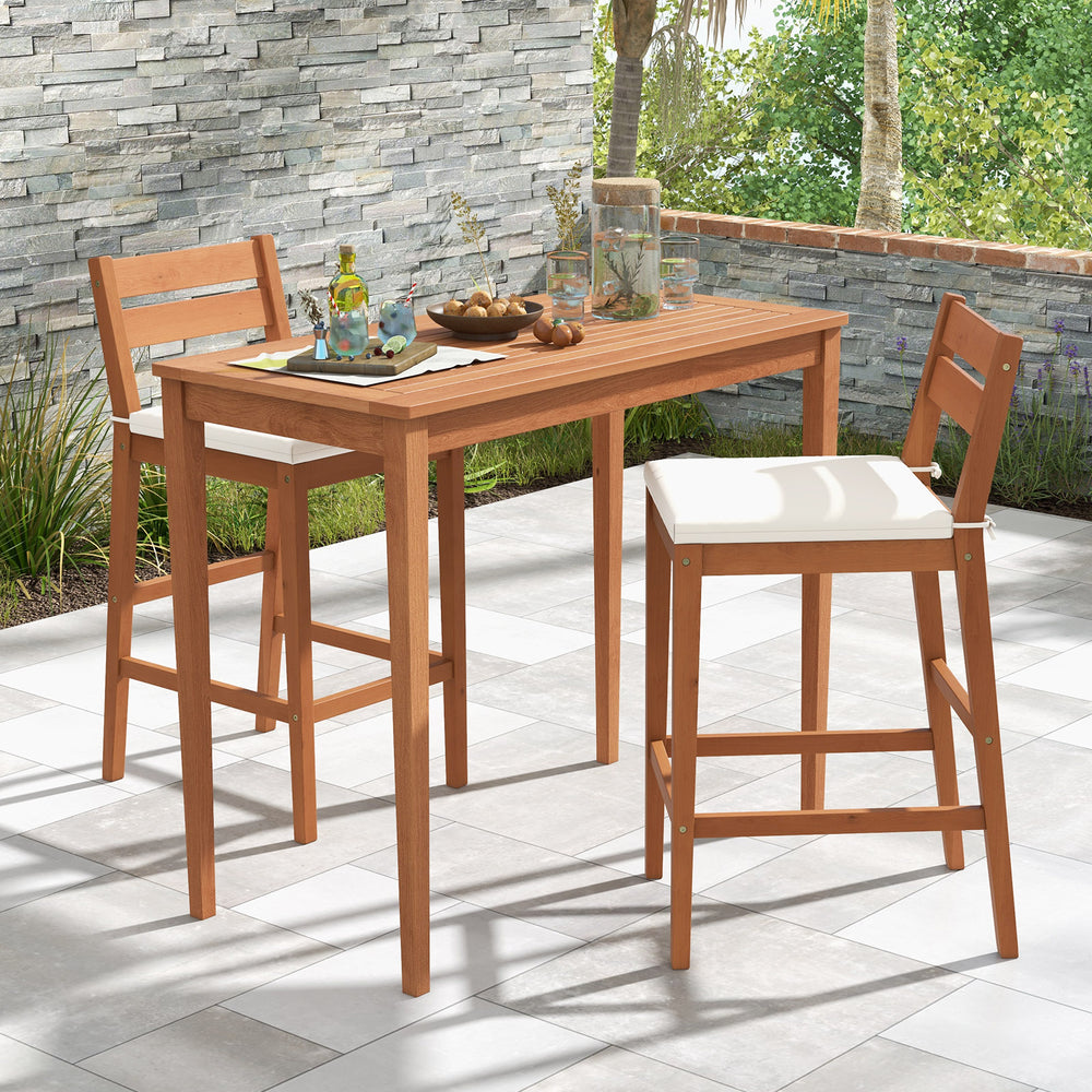 Set of 2 outdoor wood barstools with off-white cushions, featuring a sturdy eucalyptus frame and ergonomic design for.