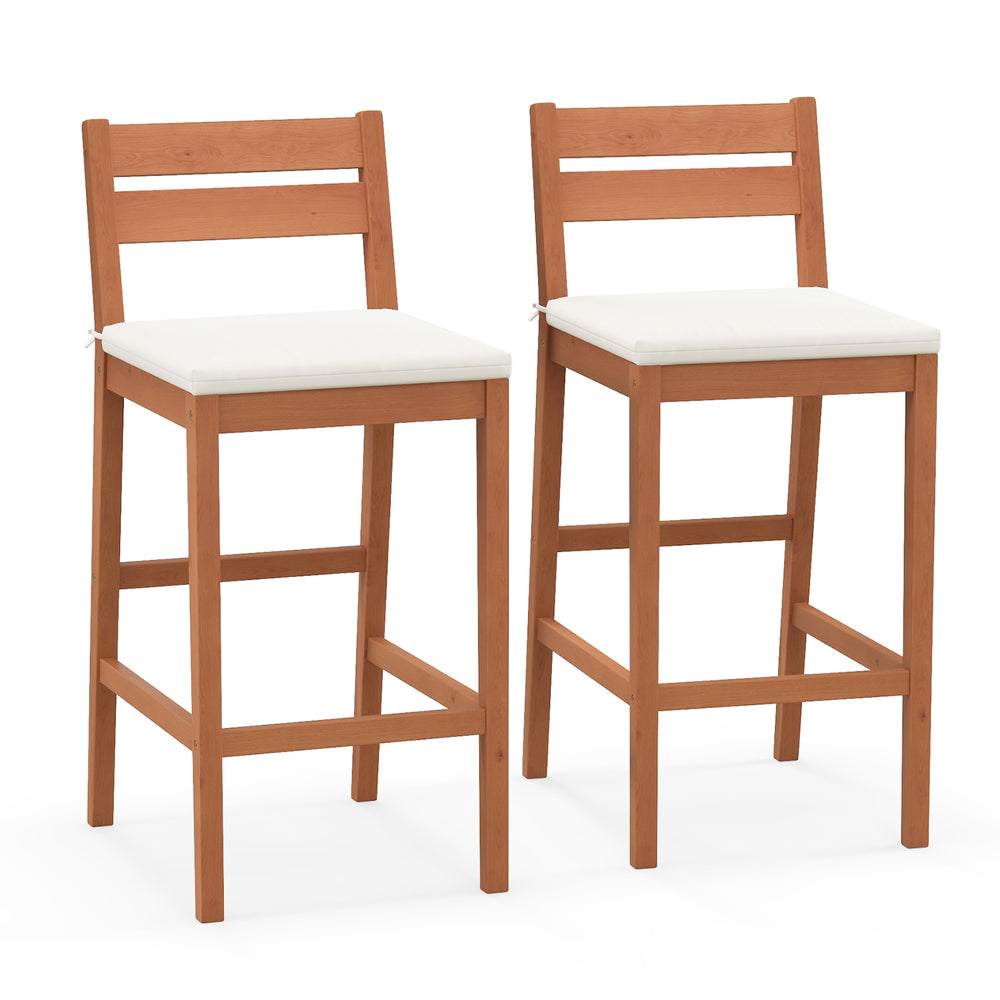 Set of 2 outdoor wood barstools with off-white soft seat cushions, featuring a sturdy eucalyptus frame for indoor and.