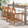Set of 2 outdoor wood barstools with soft off-white cushions, featuring a sturdy eucalyptus frame and ergonomic design.