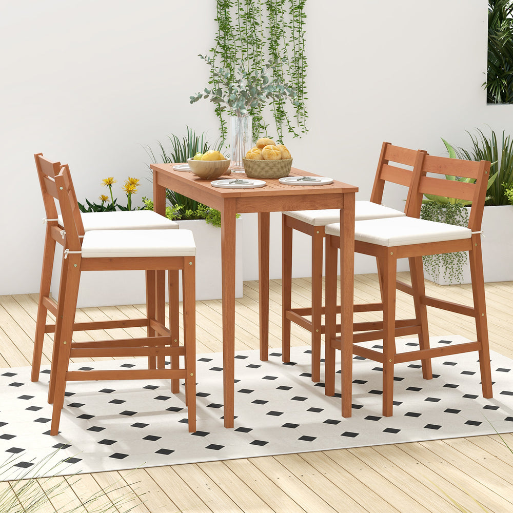 Set of 2 outdoor wood barstools with off-white cushions, featuring a sturdy eucalyptus frame for indoor and outdoor use.