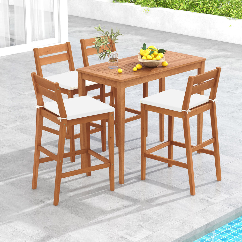 Set of 2 outdoor wood barstools with off-white cushions, featuring eucalyptus wood frames and ergonomic design for.