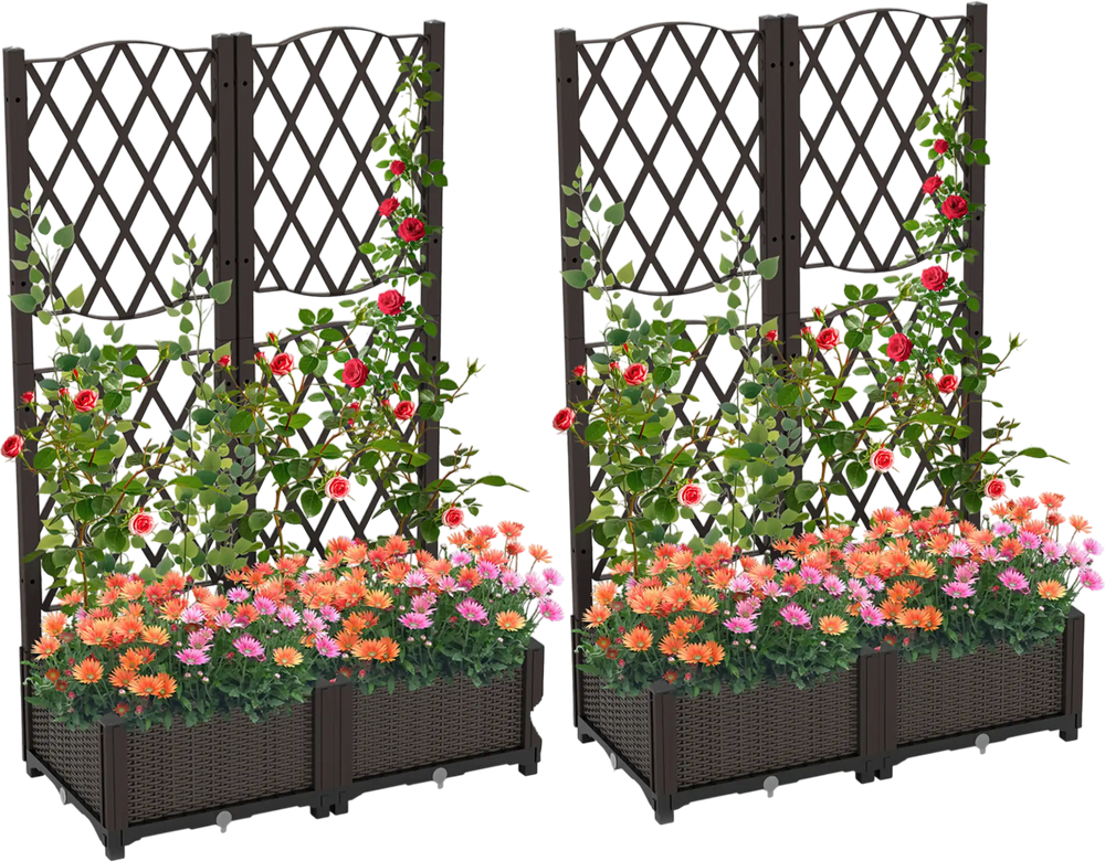 Set of 2 PE rattan raised garden beds with trellis, ideal for climbing plants and flowers in rustic brown.