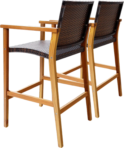 Costway Set of 2 PE Wicker Patio Bar Chairs with Acacia Wood Armrests 96241358 New
