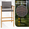Brown PE rattan patio bar chair with acacia wood armrests, designed for poolside or balcony use, featuring a curved.