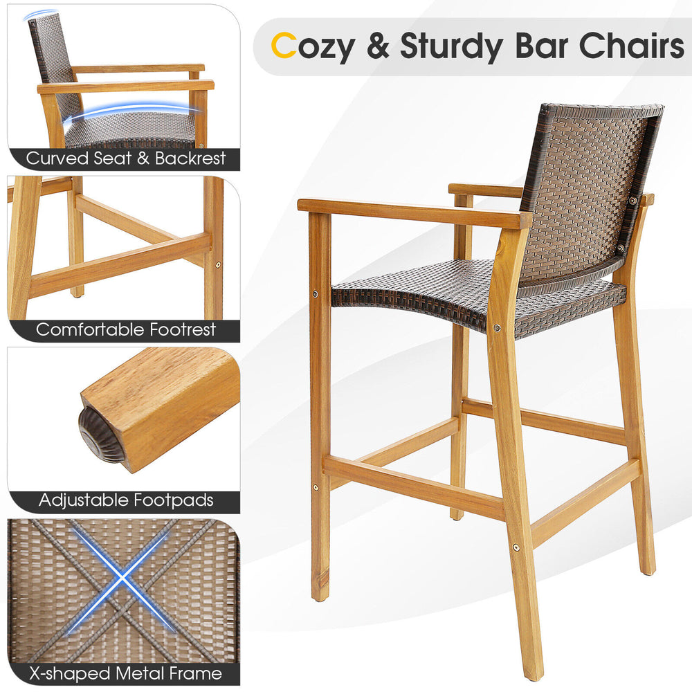 Single PE wicker patio bar chair showcasing a curved seat, sturdy X-shaped metal frame, and adjustable footpads for.