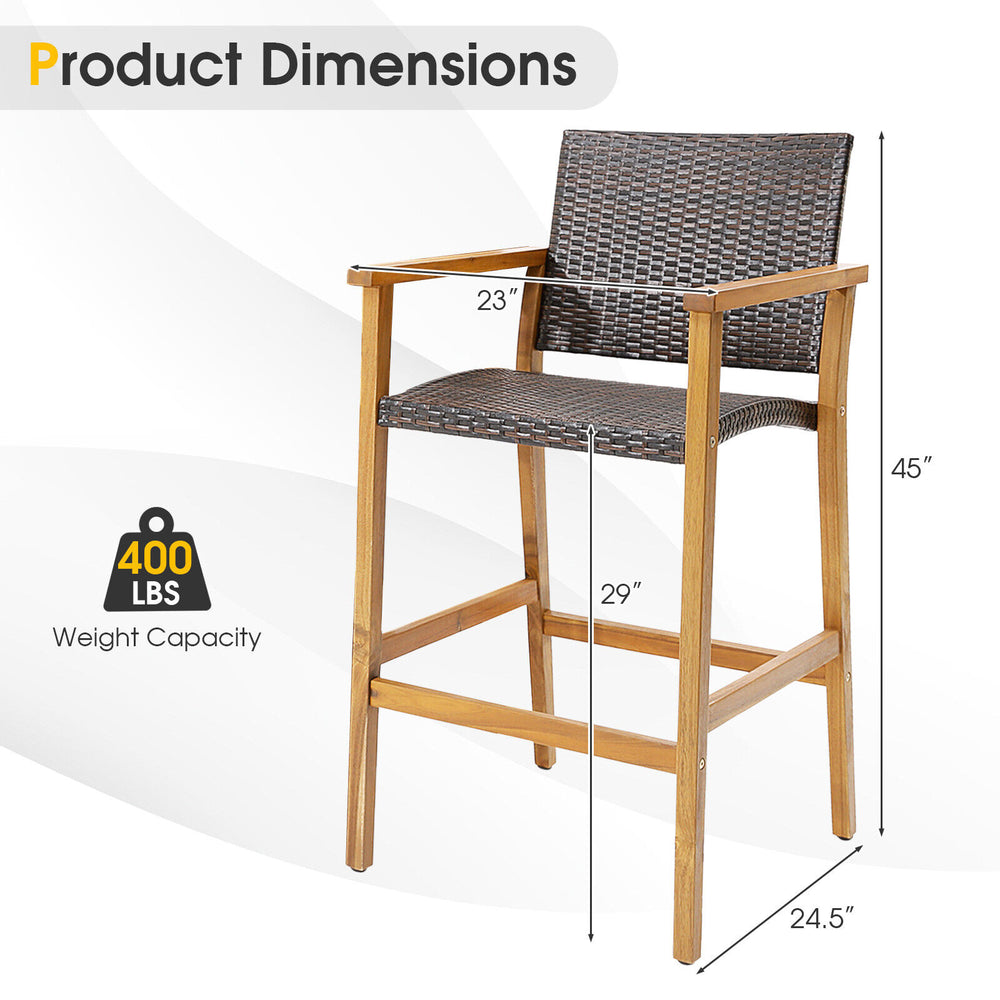 PE wicker patio bar chair with acacia wood armrests, 400 lbs capacity, ideal for poolside or balcony use.