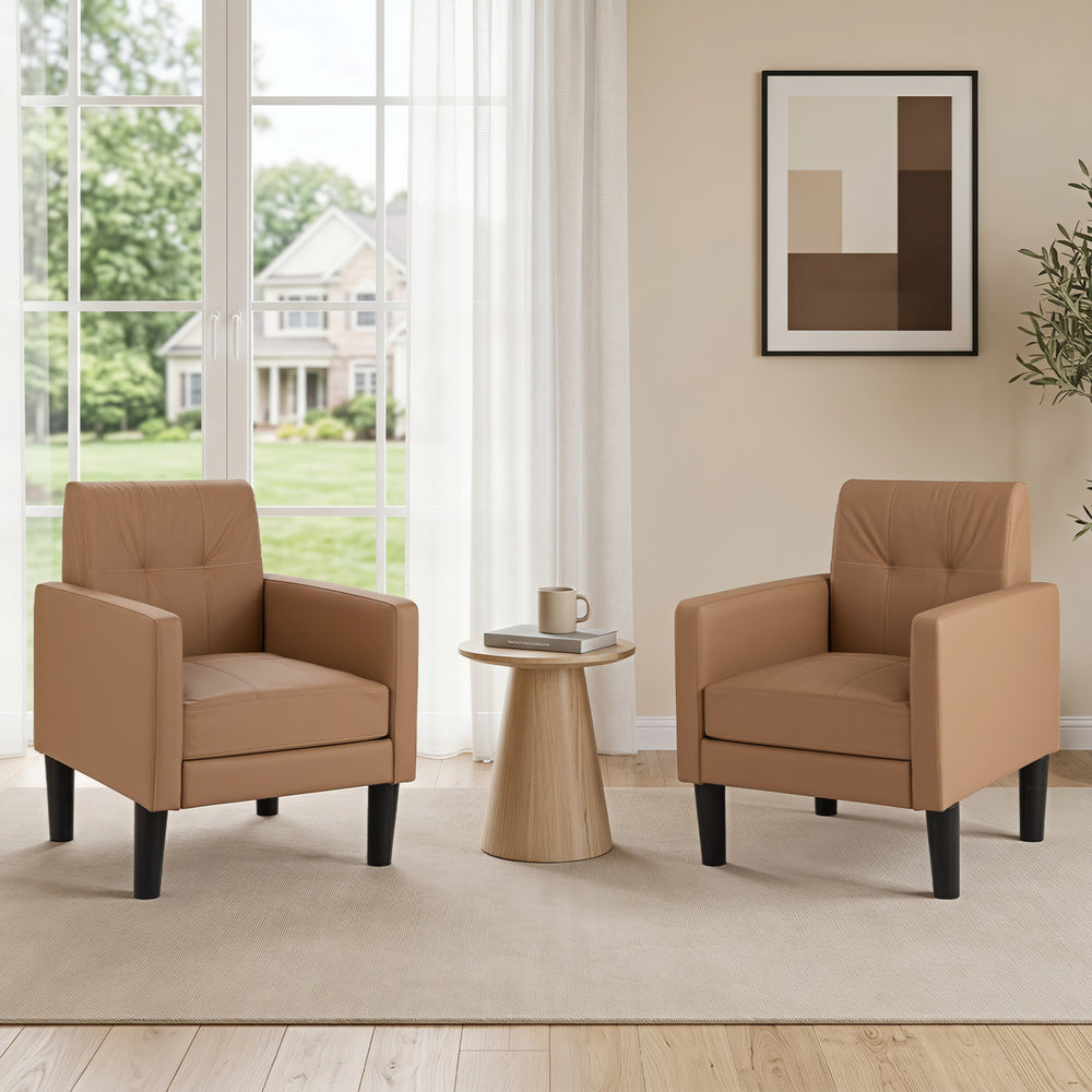 Two brown PU leather modern accent chairs with removable seat cushions, perfect for living rooms or reading areas.