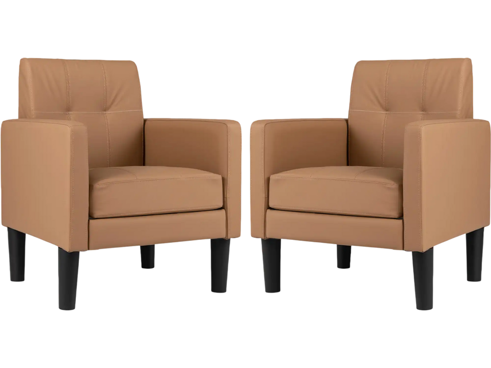 Set of 2 brown PU leather modern accent chairs with removable seat cushions, ideal for living rooms and home offices.