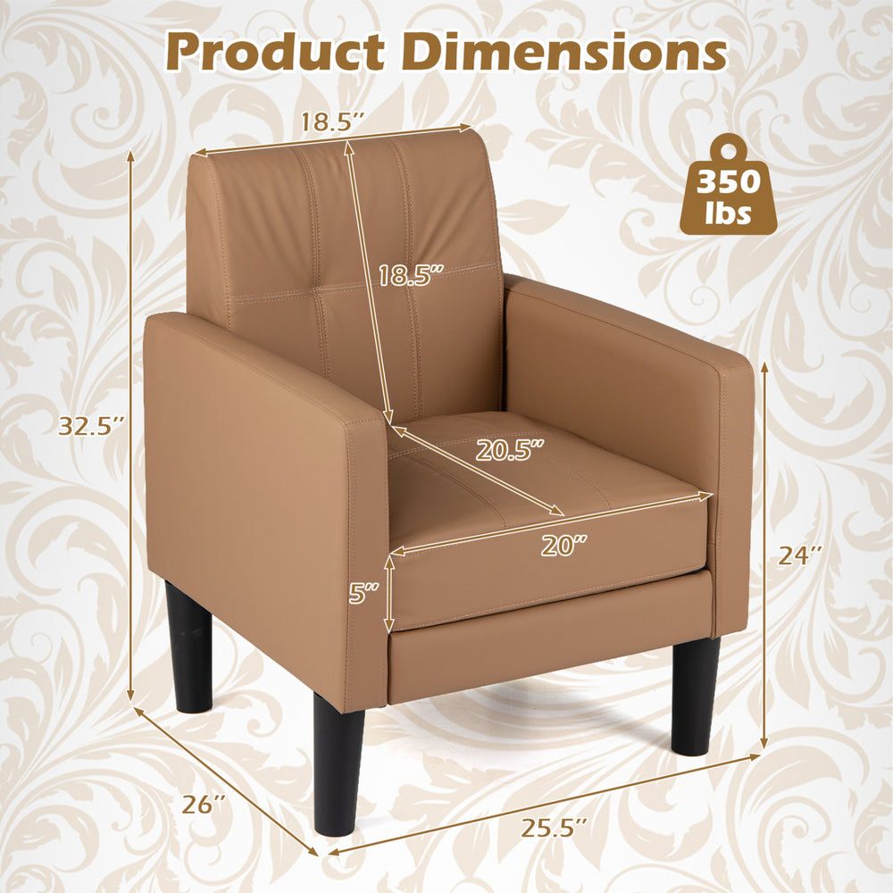 Brown PU leather accent chair dimensions showing removable seat cushion, ergonomic design, and 350 lbs weight capacity.