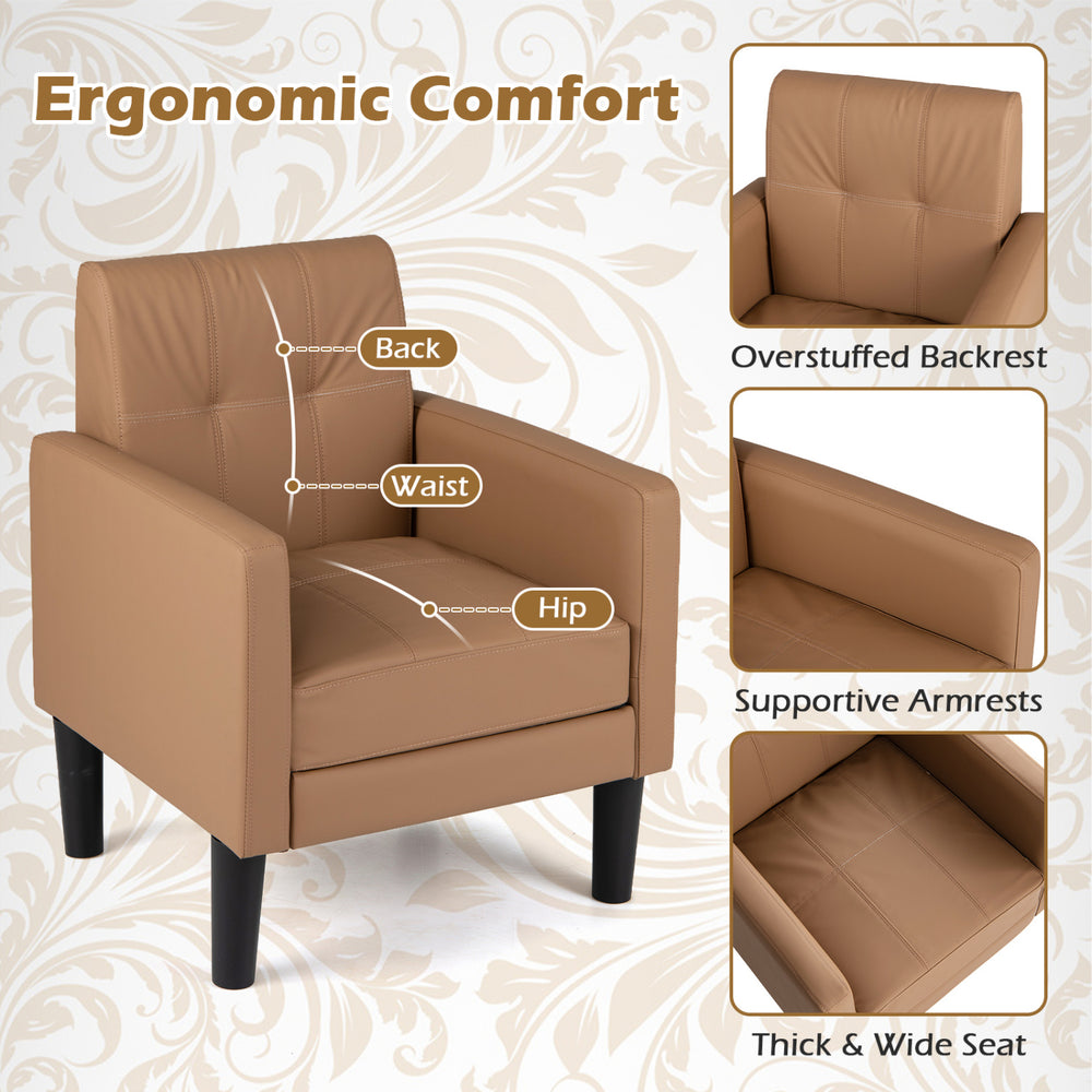 Brown PU leather accent chair featuring a wide backrest, supportive armrests, and removable seat cushion for ergonomic comfort.