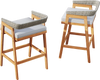 Set of 2 patio acacia wood counter height bar stools with gray cushions and PE wicker backrests for outdoor use.