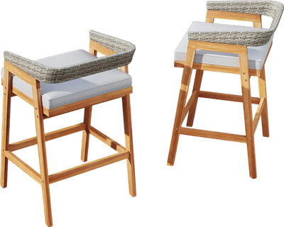 Costway Set of 2 Patio Acacia Wood Counter Height Bar Stools w/ Cushions PE Wicker Backrests Footrests Gray 438215976 New