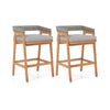 Set of 2 acacia wood counter height bar stools with gray cushions and PE wicker backrests, perfect for patio use.