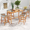 Counter height bar stools with gray cushions and PE wicker backrests, made of acacia wood, perfect for patio dining.
