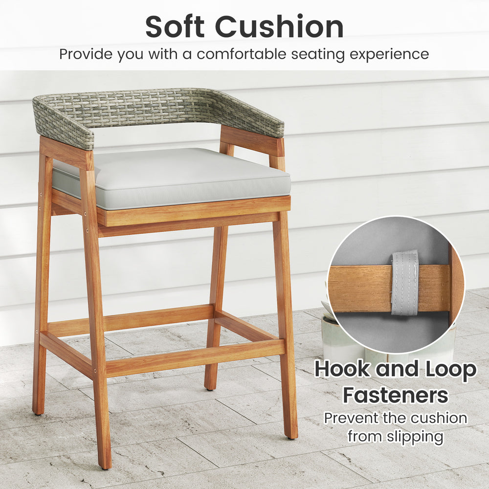 Counter height bar stool with soft gray cushion and PE wicker backrest, ideal for patio and garden seating.