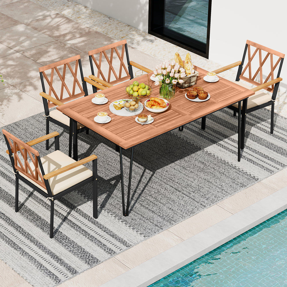 Set of 2 patio dining chairs with acacia wood armrests and removable cushions, perfect for outdoor dining.