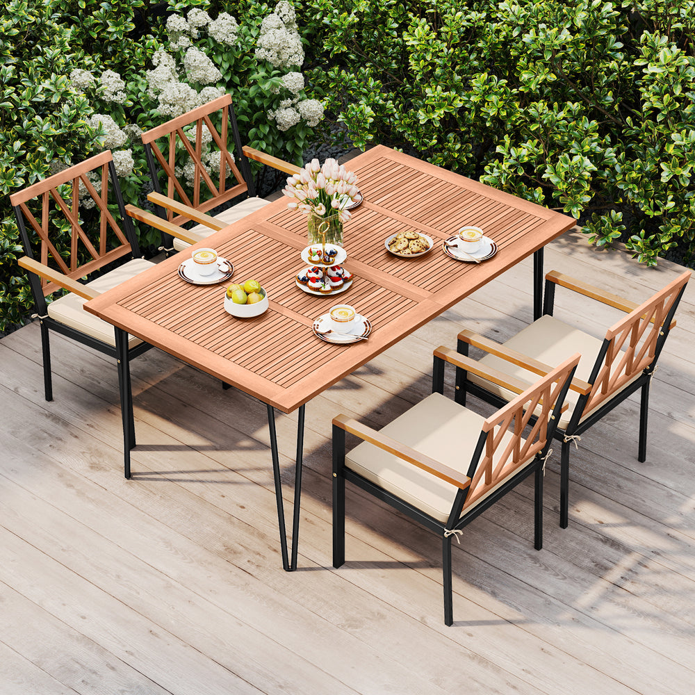 Set of 2 patio dining chairs with removable cushions, featuring acacia wood armrests and sturdy metal frame for outdoor.