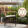 Side view of a patio dining chair with ergonomic backrest, acacia wood armrests, and removable padded cushion for.