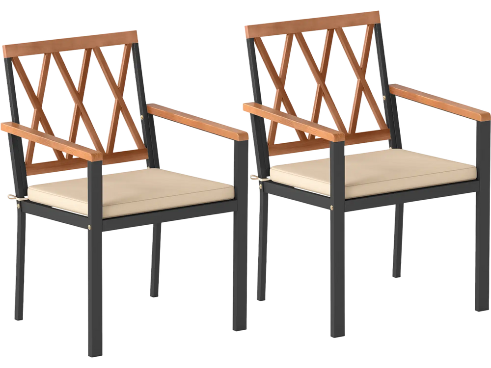 Set of 2 patio dining chairs with acacia wood backrests and removable cushions for comfortable outdoor seating.
