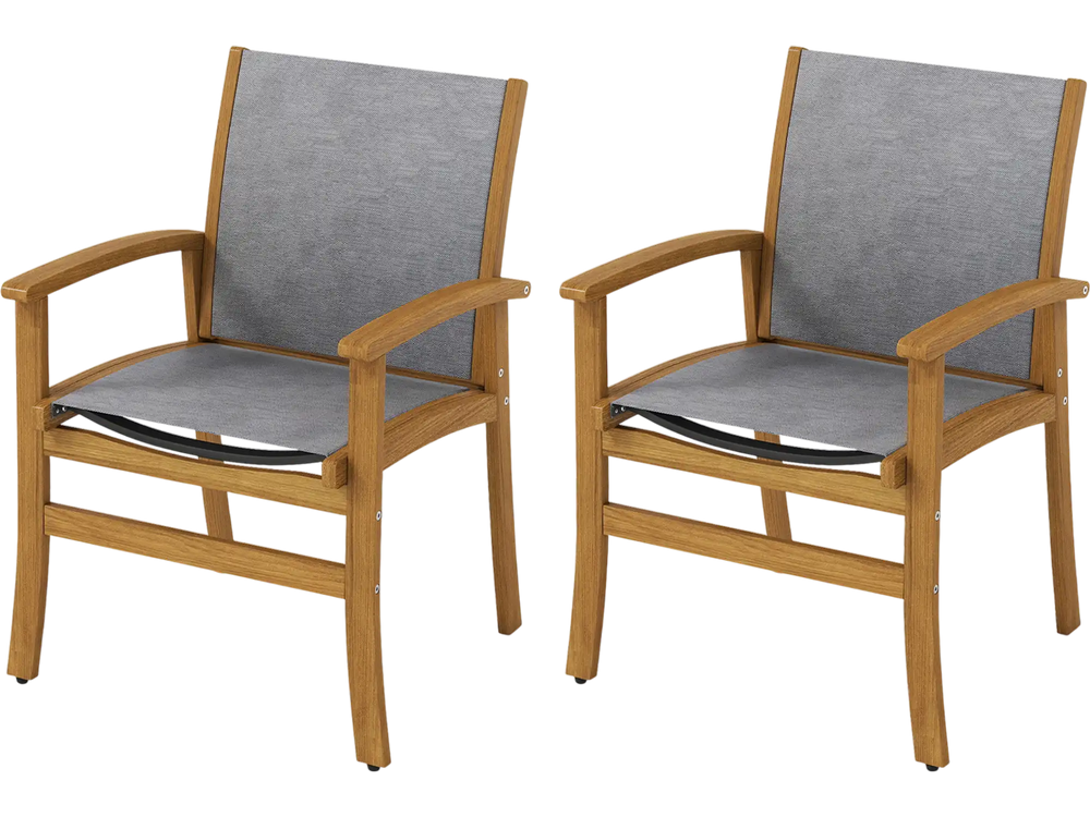 Set of 2 patio dining chairs with acacia wood frame and breathable fabric, perfect for outdoor dining and relaxation.