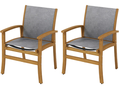 Costway Patio Dining Chairs Set of 2 Acacia Wood Armchairs Breathable Fabric 148576932 New