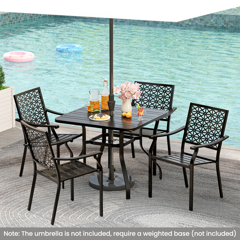 Set of 2 patio dining chairs with curved armrests, reinforced steel frame, ideal for poolside or backyard dining.